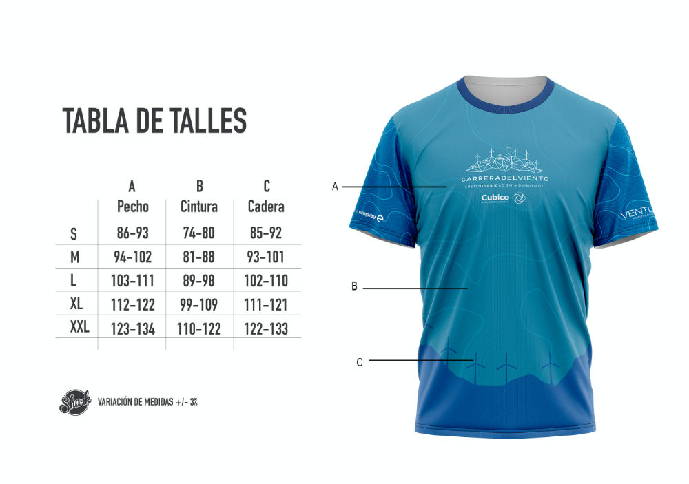 Tabla de talles remera Carrera del Viento 2026