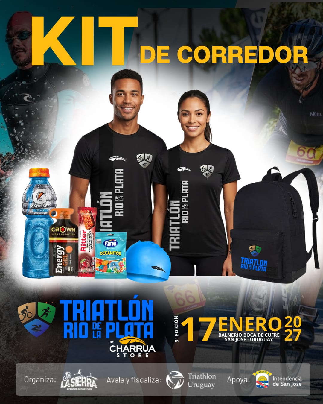 Muestra del kit del Triatlón Río de la Plata